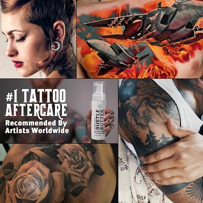 Hustle Bubbles Tattoo Aftercare Soap - Antibacterial Cleanser To Clean New Tattoos & Piercings - Essential Body Art Supplies 7oz