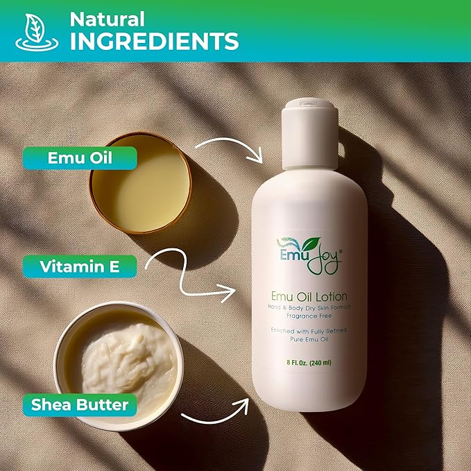 Emu Oil Infused Hand Lotion – Deep Moisturizing Cream for Dry & Cracked Hands Skin Relief – Perfect for Women, Men, and Travel | Natural Lotion with Shea Butter and Natural Oils - 8 oz