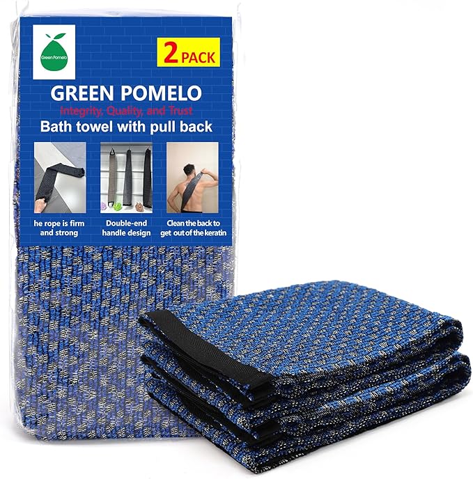 Japanese Exfoliating Loofah Back Scrubber - Shower Bath Towel for Men & Women (2 Pack Blue, 33.4" x 11.8")