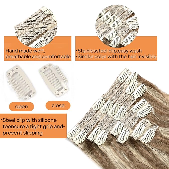 Straight Clip In Hair Extensions Real Human Hair 8Pcs Clip In Balayage Chestnut Brown Highlight Blonde Human Hair Extensions with 18Clips Lace Weft 120g 22inch