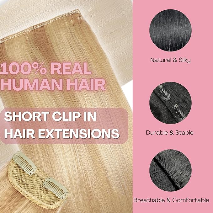 2 Pcs Short Hair Extensions, Human Hair Pieces for Women Adding Volume 12 Inch Dark Blonde and Bleach Blonde