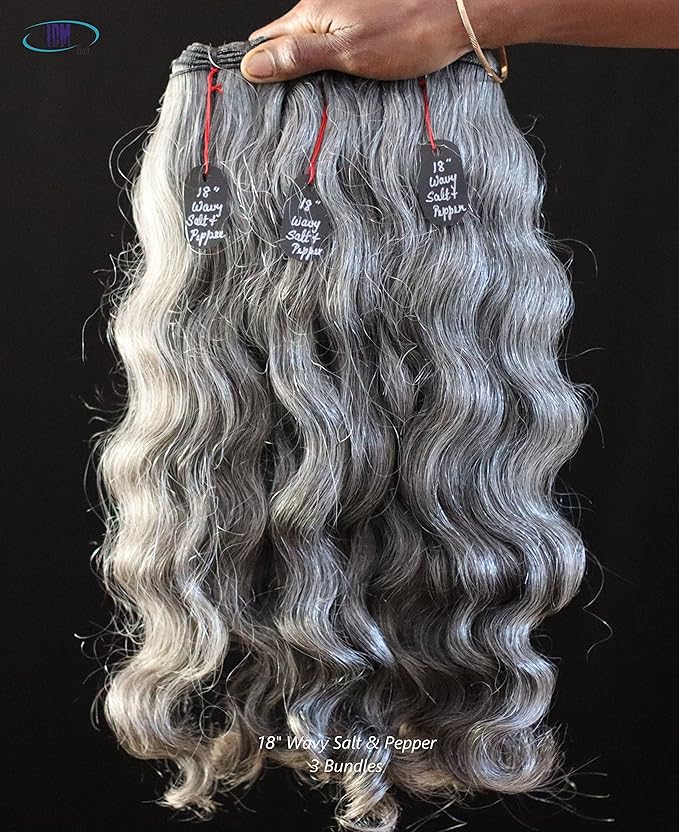 18' Wavy Salt & Pepper/Natural Gray 3 bundles. 100% Natural Indian Virgin Raw Hair Extensions. Unprocessed, Chemical-Free