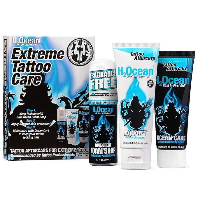H2Ocean Extreme Tattoo Aftercare Kit – Complete 3-Step Tattoo Care & Healing Set with Antibacterial Foam Soap, Moisturizing Cream & Ointment – Sea Mineral Enriched Formula for Healthy, Vibrant Tattoos