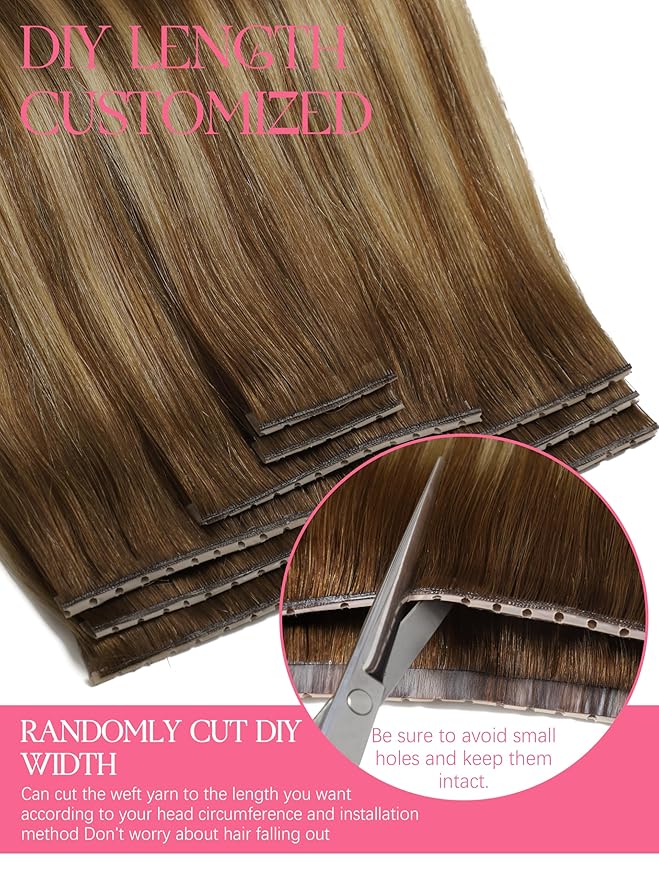 Lacer Double Invisible Weft PU OVO Human Hair Extensions 16in Butterfly Extensions Human Hair Chocolate Brown To Caramel Blonde With Brown Roots Glueless Micro Beads Tape Width 31.5" For Women 100g