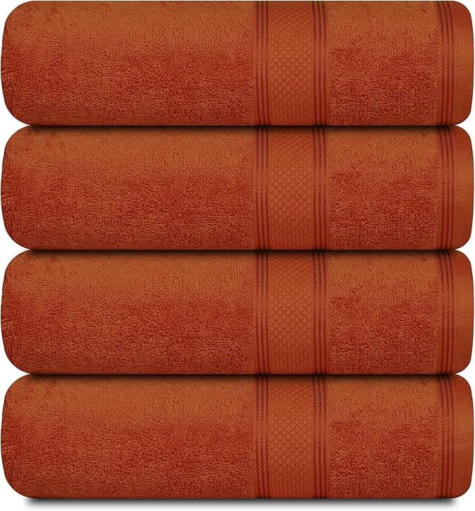 Casa Lino 4 Piece Bath Towel Set | 1 Bath Towel, 2 Wash Cloth, 1 Hand Towels | Bathroom Essentials for New Home, 100% Cotton Luxury Towels, Highly Absorbent Bathroom Set, Coral Orange.