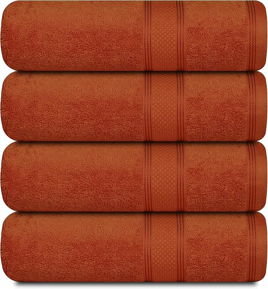 Casa Lino 4 Piece Bath Towel Set | 1 Bath Towel, 2 Wash Cloth, 1 Hand Towels | Bathroom Essentials for New Home, 100% Cotton Luxury Towels, Highly Absorbent Bathroom Set, Coral Orange.