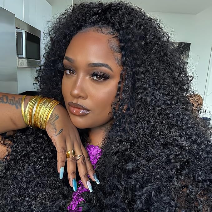 24 Inch Half Wig Human Hair Deep Wave Half Wig 3 in 1 Glueless 200 Density Burmese Curly Half Wig Drawstring Seamless Flip Over Half Wigs for Women Invisible Hairline Beginner Friendly