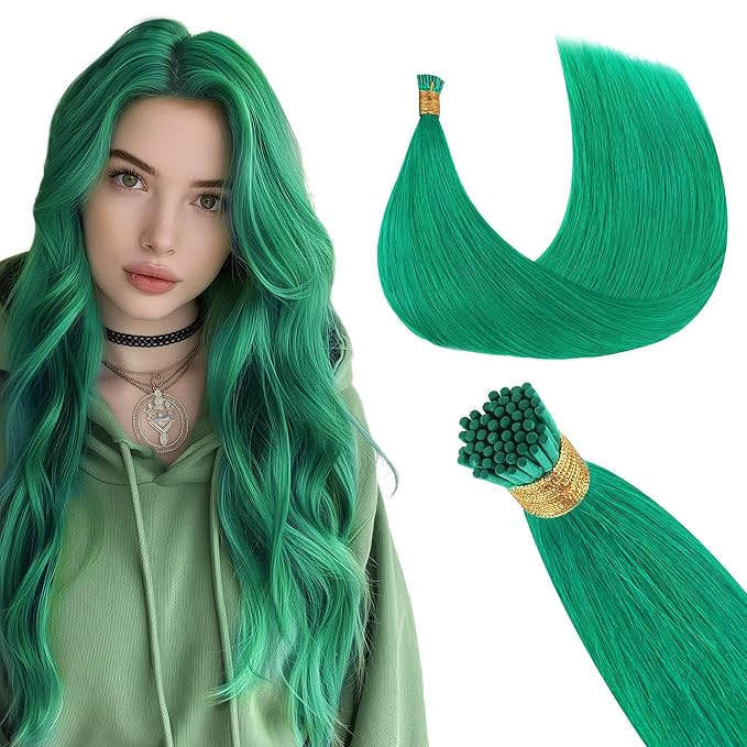 GOO GOO Colored I Tip Hair Extensions, Real Human Hair, 22inch 50g 50S, Cold Fusion I Tip, Invisible Remy, Green