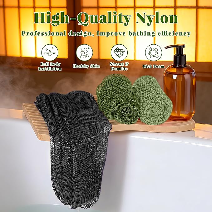 African Net Sponge Authentic, 3 Pieces Exfoliating Scrubber Bath Sponge for All Skin Types, Back Scrubber Loofah Washcloth for Shower, Gentle Exfoliation (Dark Green,Light Green,Black)
