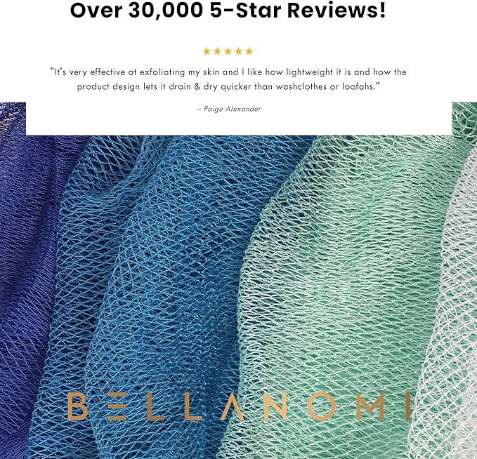 BELLANOMI 4 Piece African Exfoliating Net Sponge Long African Bath Sponge, Authentic Ethically Sourced from Nigeria, Great for Daily Use (Blue, White, Seafoam,Navy Blue)
