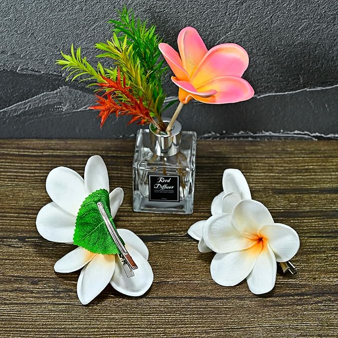 Pack of 2 Real Touch Flowers Hawaiian Flower Hair Clips Plumeria Hibiscus Hair Clips Handmade Hair Accessories for Beach Wedding Bridal Party Mother's Day Women Girls Holiday Gifts (c-813, 2pcs)