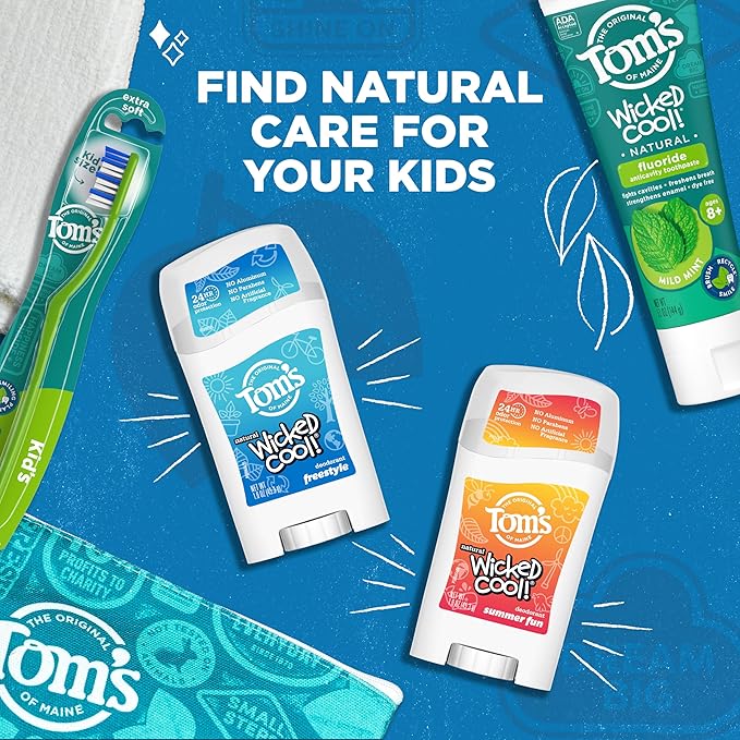 Tom's of Maine Aluminum-Free Wicked Cool! Natural Deodorant for Kids, Summer Fun, 1.6 oz. (Pack of 18) (Packaging May Vary)