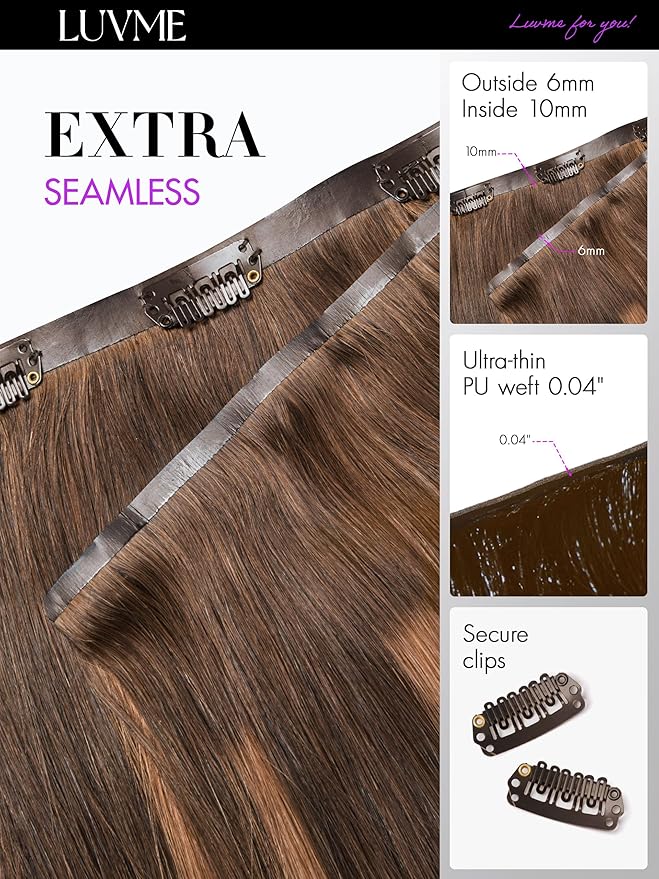 LUVME Straight Seamless 110g 7Pcs Clip in Hair Extensions Full Max with 16inch Remy Human Hair Extensions, Highlight Color 100% Real Soft