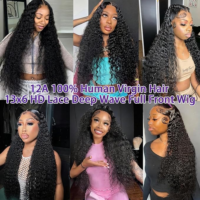 Manorshen 36Inch 13x6 Deep Wave Lace Front Wigs Human Hair HD Transparent Lace Frontal Wigs Human Hair Pre Plucked Deep Curly Wigs for Women Wet and Wavy Glueless Wigs Natural Black 180% Density