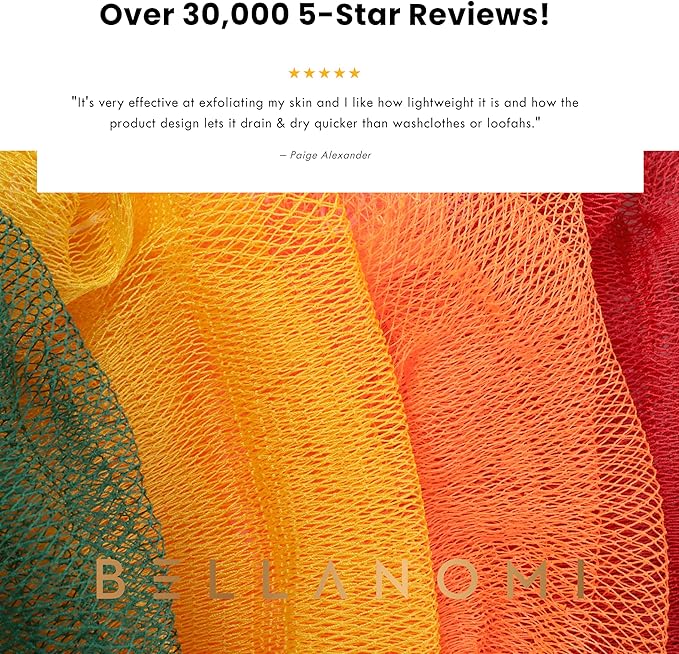 BELLANOMI 4 Piece African Exfoliating Net Sponge Long African Bath Sponge, Authentic Ethically Sourced from Nigeria, Great for Daily Use (Copper Brown, Orange, Green, Yellow)