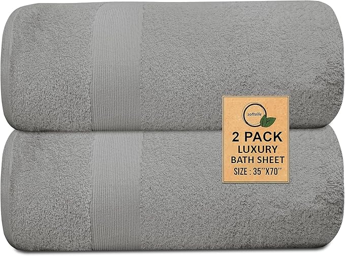 Softolle 100% Cotton Luxury Bath Sheets - Pack of 2 (35" x 70") | Super Soft, Quick-Dry & Highly Absorbent Towels for Bathroom, Home, Spa & Gym (Silver Grey)