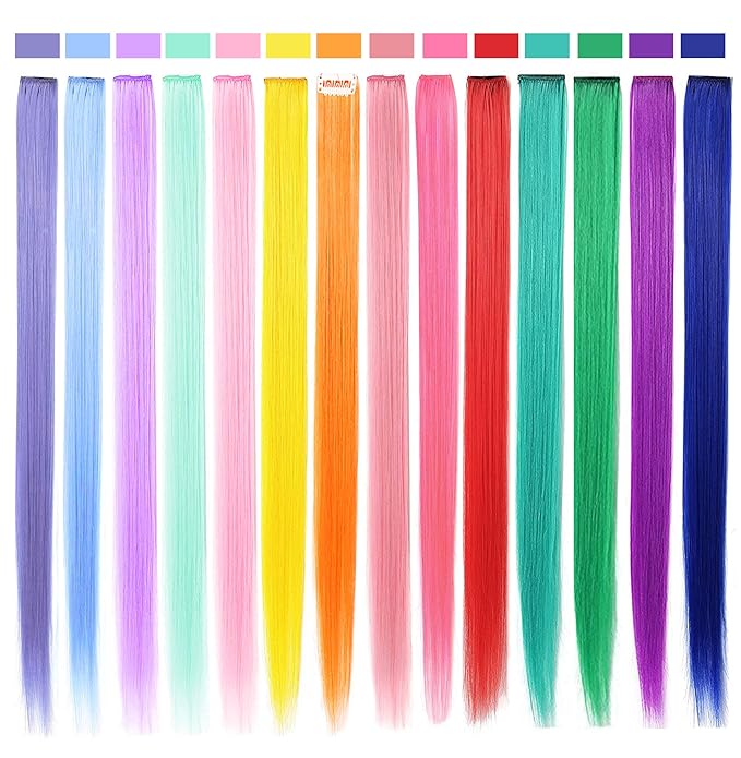 Rhyme 14 PCS 21 inch Colored Hair Extensions Clip in/on for America Women Girls hiar Accessories Wig Pieces Synthetic Rainbow Hair Extensions (Multicolour)