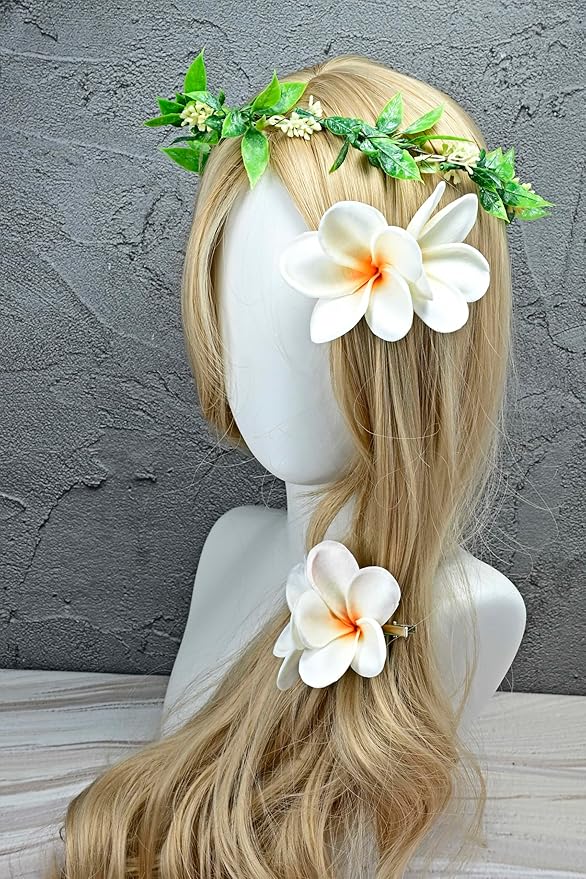 Pack of 2 Real Touch Flowers Hawaiian Flower Hair Clips Plumeria Hibiscus Hair Clips Handmade Hair Accessories for Beach Wedding Bridal Party Mother's Day Women Girls Holiday Gifts (c-813, 2pcs)