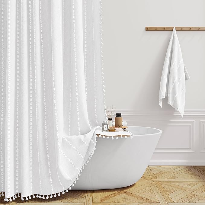 BTTN Stall Shower Curtain - 60x72 Narrow Boho Farmhouse Linen Vintage Striped Fabric Shower Curtain Set with 10 Hooks, Bohemian Cottage Decorative Heavy Duty Shower Curtains for Bathroom - White