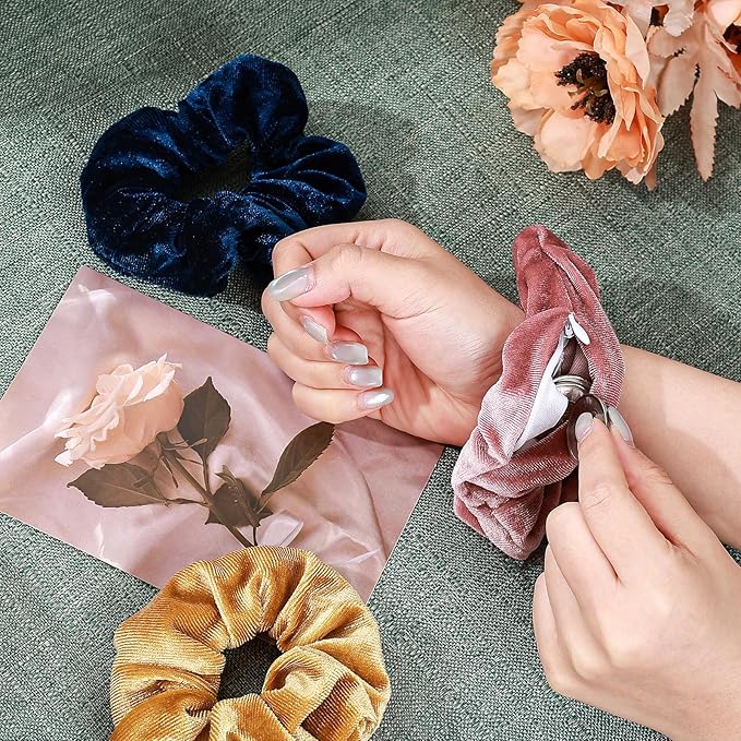 Velvet Scrunchies with Zippers Pocket, 8 Pcs Velvet Soft Hair Ties, Hidden Pocket Hair Scrunchies Accessories for Women Girls, Ponytail Holder Secret Compartment Items (Multicolor)
