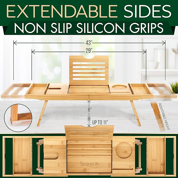 SereneLife Bath Caddy Breakfast Tray Combo - Natural Bamboo Wood Waterproof Tub and Bed with Folding Slide-Out Arms, Device Grooves, Wine Glass Soap Holder