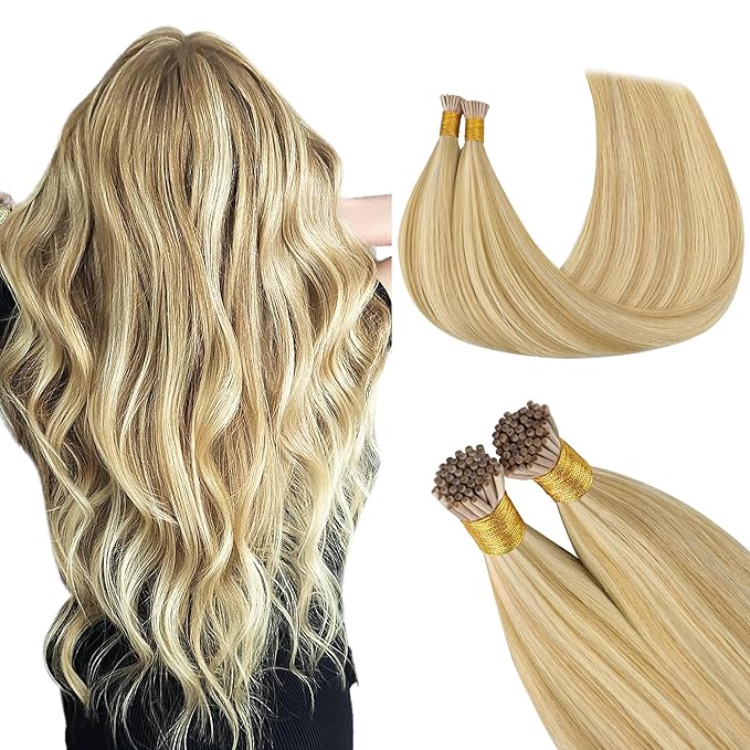 GOO GOO I Tip Hair Extensions - Real Human Hair, 20inch 100g 100S, Cold Fusion I Tip, Invisible Remy, 18D/22F Dirty Blonde Highlights