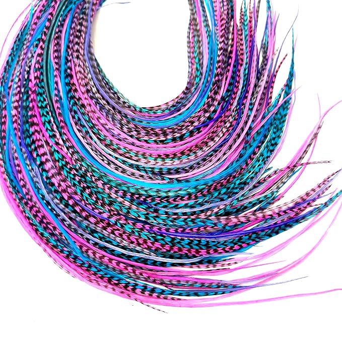 21 Purple Pink & Turquoise Color Hair Extensions – 9”–14” Long – DIY Rooster Kit with 20 Micro-Link Beads – 100% Real Feathers – Eye-Catching Boho Style