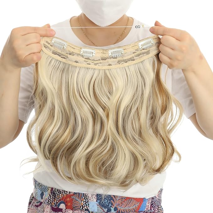 Invisible Wire Hair Extensions Transparent Wire Adjustable Size 4 Secure Clips Long Wavy Curly Secret Hairpiece 14 Inch for Women