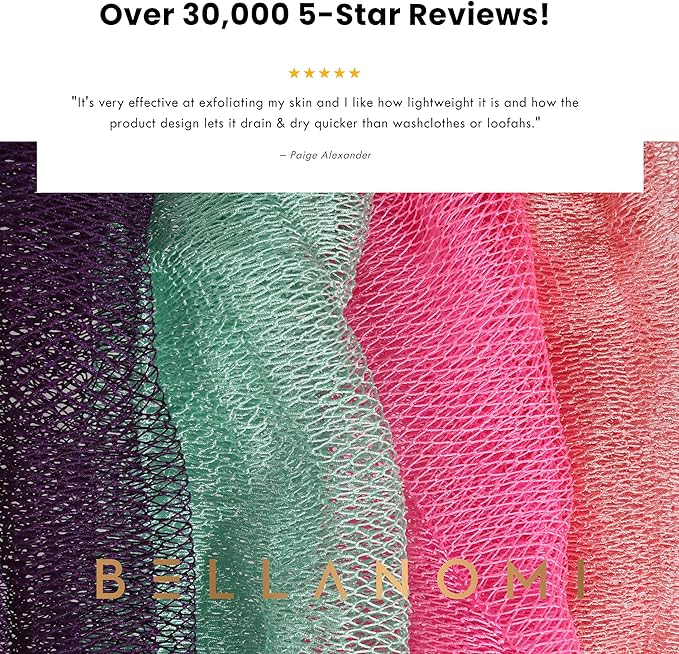 BELLANOMI 4 Piece African Exfoliating Net Sponge Long African Bath Sponge, Authentic Ethically Sourced from Nigeria, Great for Daily Use (Pink, Indigo, Seafoam, Blush)