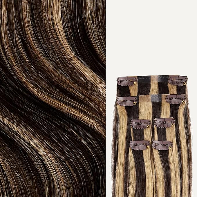 Luxy 100% Remy Human Hair Extensions for Thin Hair Thinning Hair Fill-Ins – 6 Seamless Wefts Multi-Dimensional Color Blend - Natural-Looking Volume & Coverage 95 grams 20" Mocha Brown Highlights