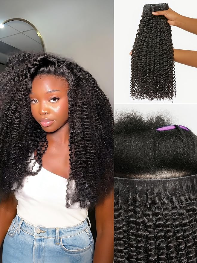 LUVME Invisible Clip ins Hair Extensions Deep Kinky Curly Real Human Hair Remy Hair Clip ins for Women, Natural Human Hair 22 inch 2 Pack 220g 12Pcs, Natural Black