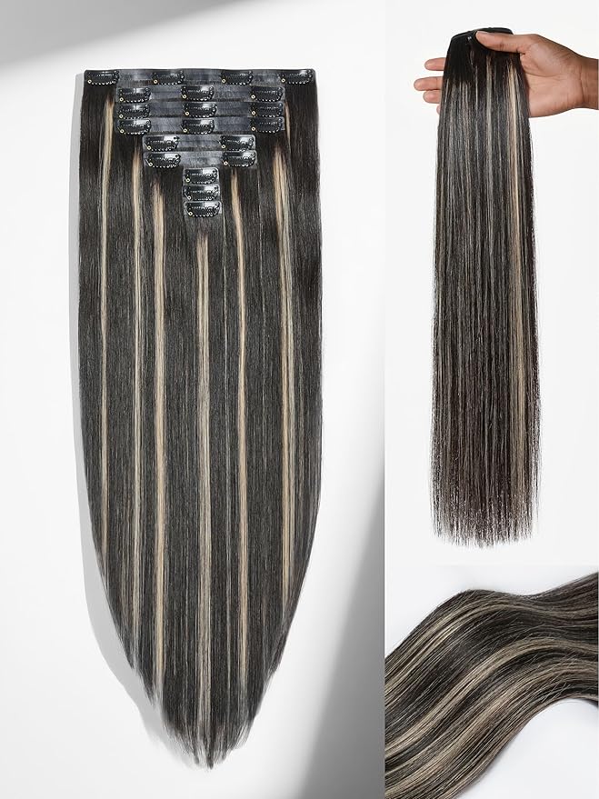 LUVME Balayage Clip in Hair Extensions, 135g 22 Inch Highlight Color Human Hair Extensions Thick Real Human Hair Clip on Double Weft Remy Hair
