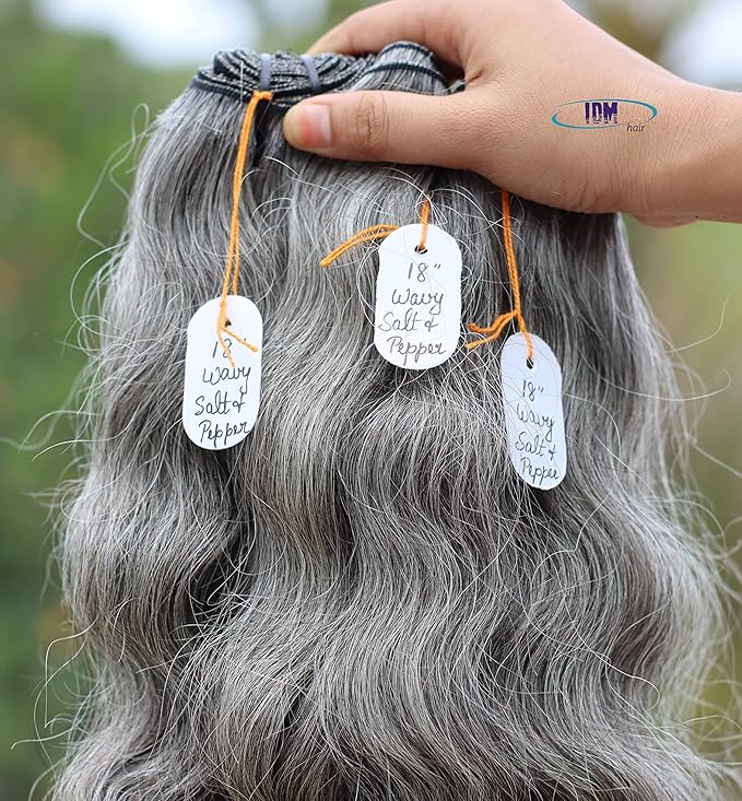 18' Wavy Salt & Pepper/Natural Gray 3 bundles. 100% Natural Indian Virgin Raw Hair Extensions. Unprocessed, Chemical-Free