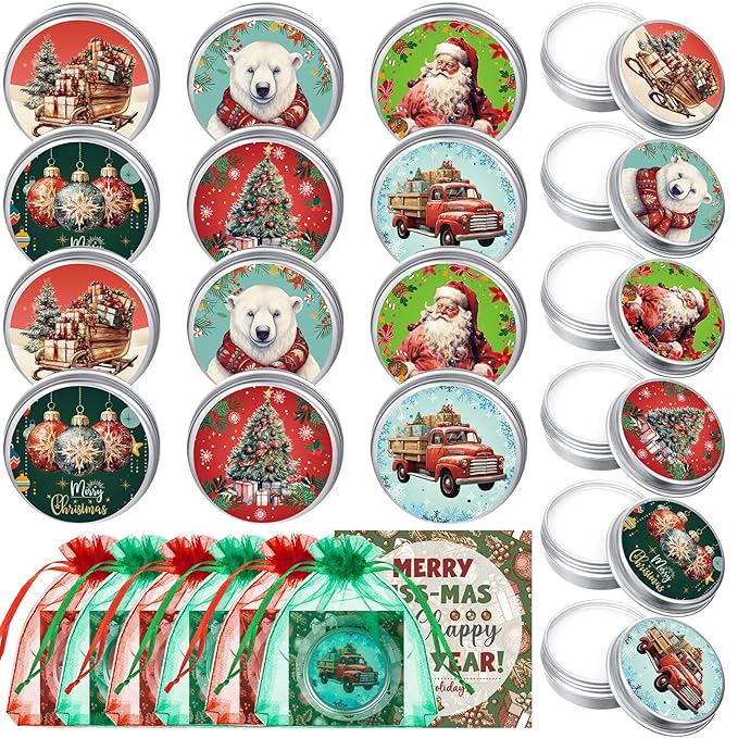 36 Set Canned Christmas Lip Balms Set Round Honey Christmas Moisturizing Moisturizer Lip Care Balm Party Favors with Bag Card for Xmas Holiday Stocking Stuffers Employee Appreciation Gifts