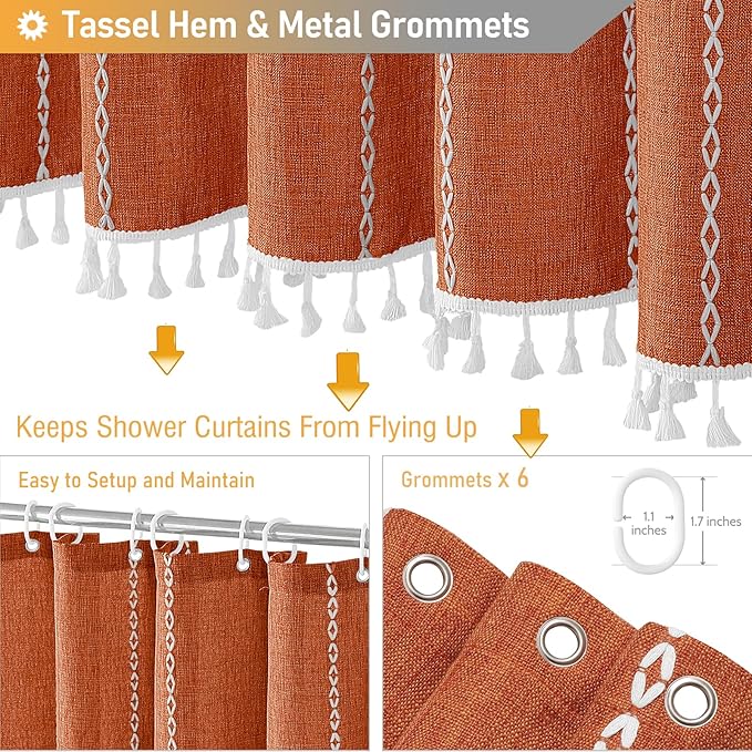 BTTN Boho Shower Stall Curtain - 36x72 Narrow Linen Ultra Thick Striped Tassel Fabric Shower Curtain Set with 6 Hook, Half Modern Farmhouse Cottage Weighted Shower Curtains for Bathroom - Burnt Orange