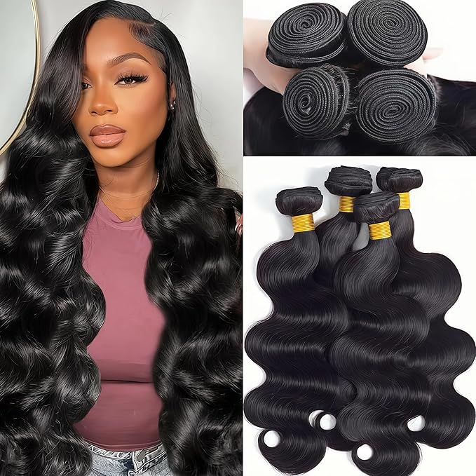12A Human Hair Bundles 24 26 28 30 Inch Body Wave Bundles Human Hair 100% Unprocessed Brazilian Virgin Hair 4 Bundles Deals Human Hair Quick Weave Bundles Real Human Hair Extensions Natural Black