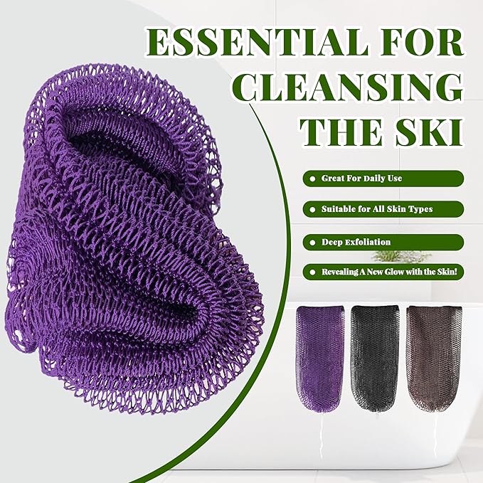 African Net Sponge Authentic, 3 Pieces Exfoliating Scrubber Bath Sponge for All Skin Types, Back Scrubber Loofah Washcloth for Shower, Gentle Exfoliation (Brown,Purple,Black)