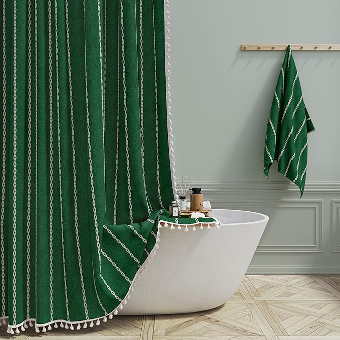 BTTN Extra Long Shower Curtain, 72x96 Long Striped Boho Chic Linen Fabric Heavy Duty Shower Curtain with Hooks, Tall Bohemian Farmhouse Luxury Tassel Cloth Shower Curtain for Bathroom, Emerald Green