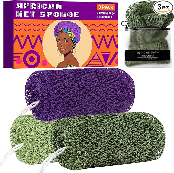 African Net Sponge Authentic, 3 Pieces Exfoliating Scrubber Bath Sponge for All Skin Types, Back Scrubber Loofah Washcloth for Shower, Gentle Exfoliation (Dark Green,Light Green,Purple)