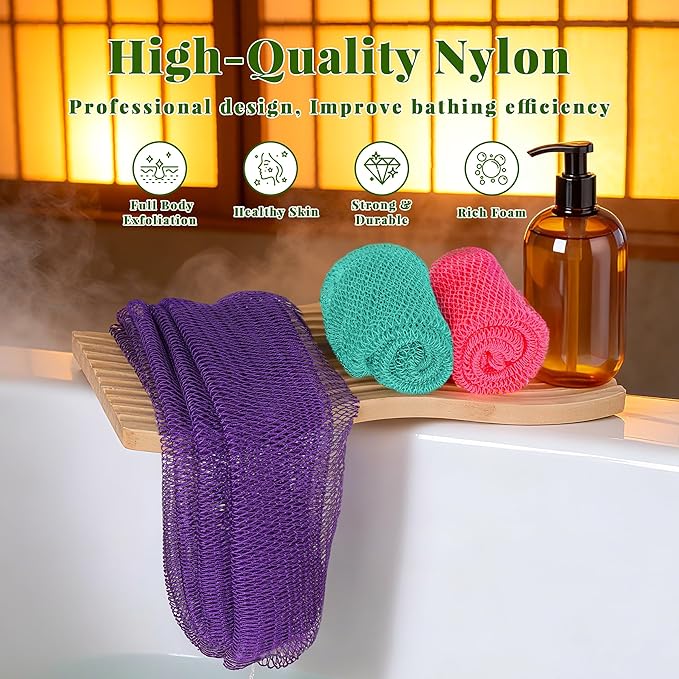 African Net Sponge Authentic, 3 Pieces Exfoliating Scrubber Bath Sponge for All Skin Types, Back Scrubber Loofah Washcloth for Shower, Gentle Exfoliation (Pink,Purple,Seawave)