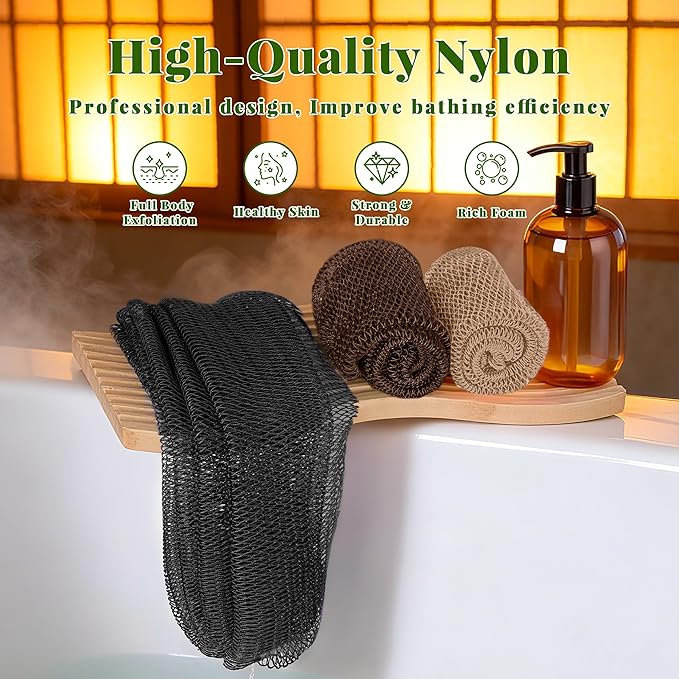 African Net Sponge Authentic, 3 Pieces Exfoliating Scrubber Bath Sponge for All Skin Types, Back Scrubber Loofah Washcloth for Shower, Gentle Exfoliation (Linen,Brown,Black)