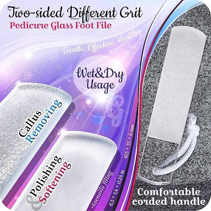 GLADZY Czech Glass Nail File Set - Multifunctional Nail Shiner Buffer, Callus Remover Foot Rasp, Glass Cuticle Pusher Manicure Stick, Etched Surface, Professional Nail Care Tool, Made in EU