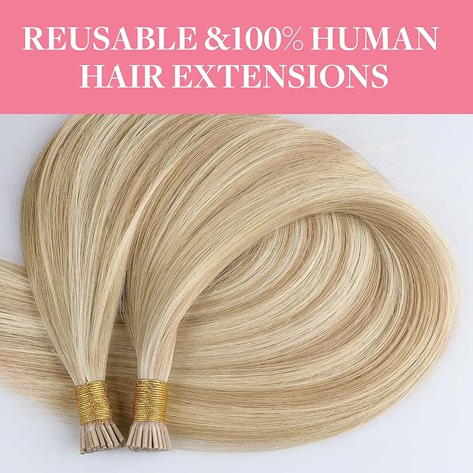 GOO GOO I Tip Hair Extensions Real Human Hair, 14inch 50g 100S, Cold Fusion I Tip Hair Extensions, Invisible Remy Hair Extensions, 18A/613A Dark Blonde Highlighted Bleach Blonde
