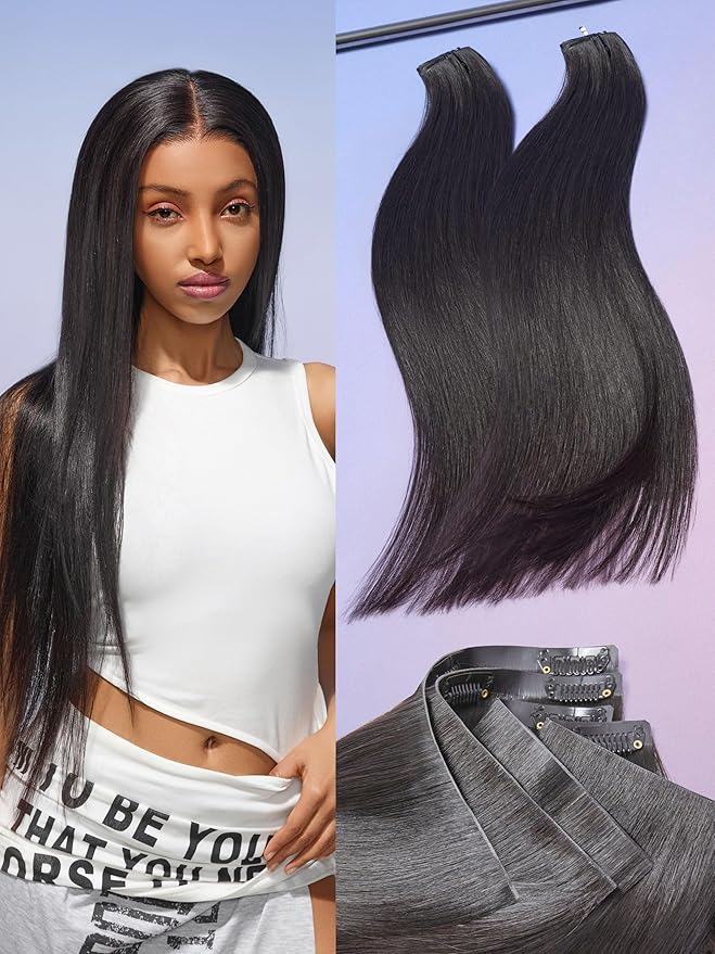 LUVME Invisible Clip in Hair Extensions,24 Inch 2 Pack 220g 12pcs Silky Straight Invisible Clip ins Hair Extensions Human Hair Natural Black Hair for Women