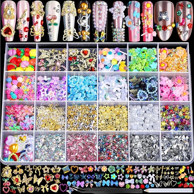 FANDAMEI Nail Charms and Gems, 24 Grids Nail Art Kit for Design, Y2K 3D Charms Rhinestone, Gold Metallic Nail Gems, Flatback AB Nail Rhinestones Gold Nail Pearls, 3D Fruits Flowers Nail Jewels