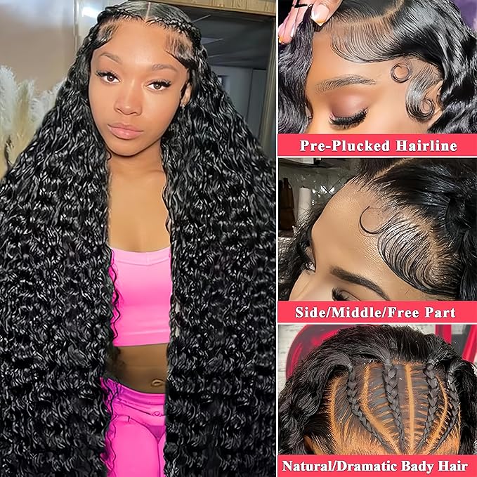 34Inch Deep Wave Lace Front Wigs Human Hair 200% Density 13x6 HD Transparent Deep Curly Lace Front Wigs for Women Pre Plcked Glueless Wigs with Baby Hair