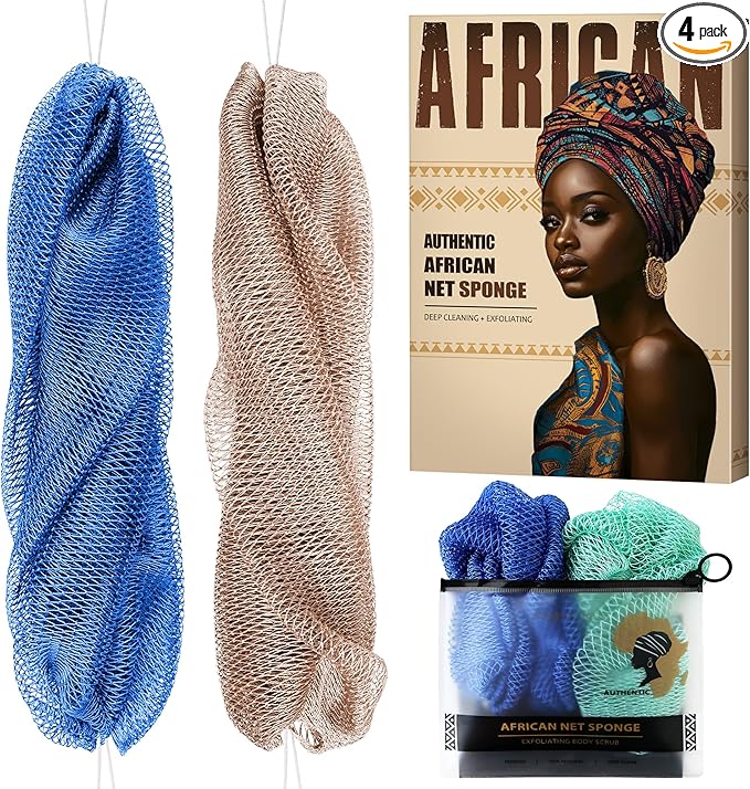 Authentic African Net Sponge with Knots - Afro Scrubber Bath Loofah Exfoliating Net Sponge for Shower - 4 Pack African Bath Sponges Exfoliator for Most Skin Types Back Scrub Washer Accessories