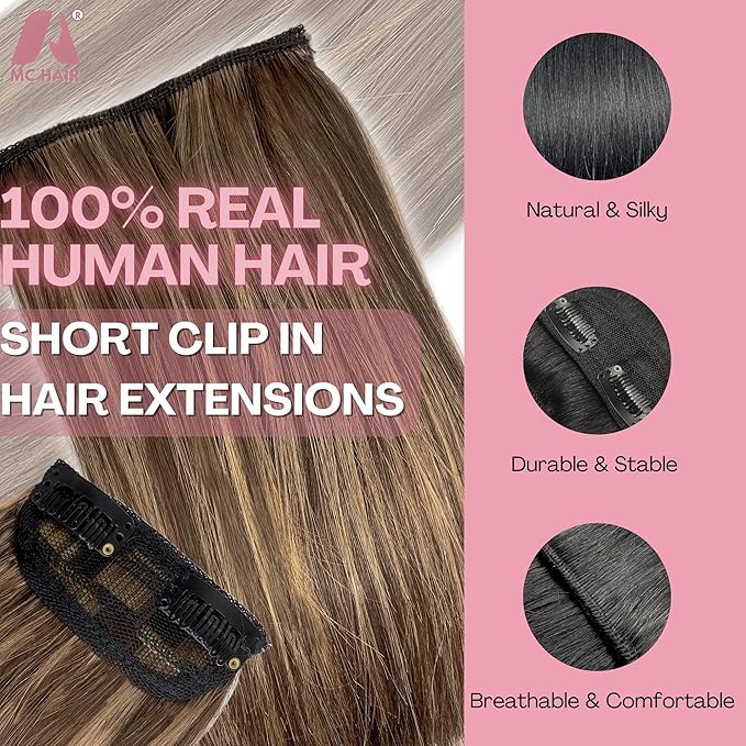 2 Pcs Short Hair Extensions, Clip in Extensions Human Hair for Women Adding Volume 8 Inch Medium Brown and Honey Blonde