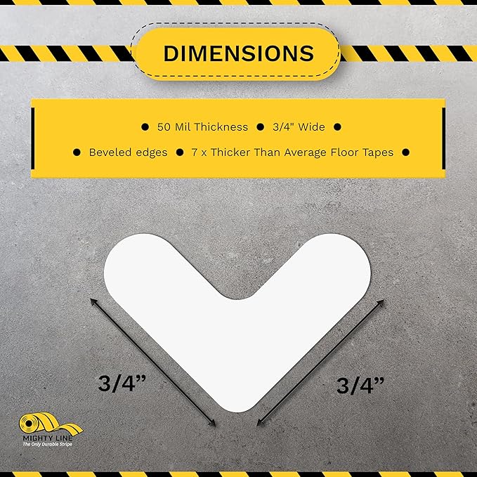 Mighty Line 3/4" Wide Solid Mini Corner Marker Floor Marking Tape, Heavy-Duty, Peel and Stick, Adhesive, Industrial Quality, White, Pack of 108
