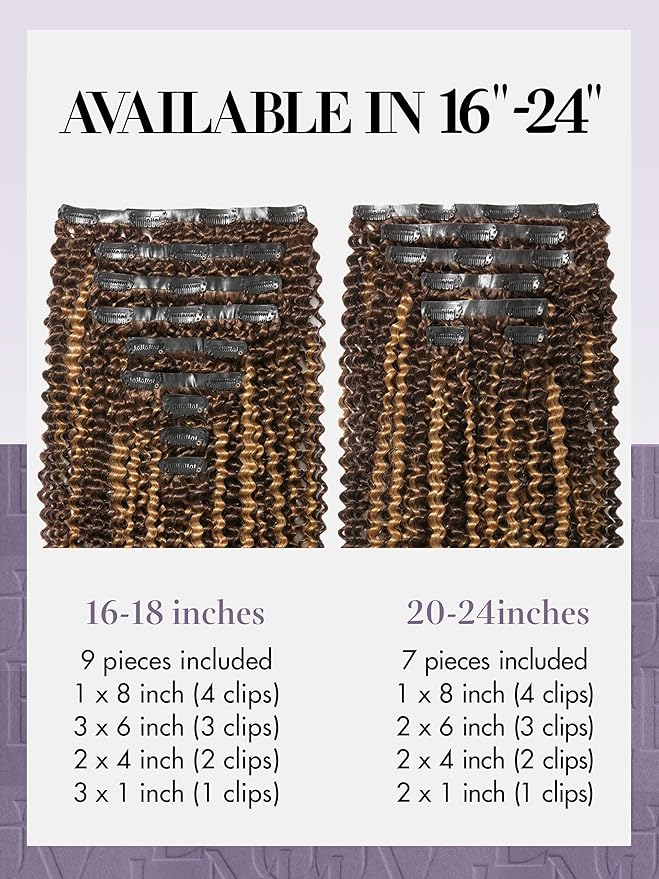 LUVME Clip in Hair Extensions Real Human Hair, Remy Human Hair Extensions Clip ins for Women, #2/27 Extensions, 18inch 135g 9Pcs Kinky Curly Hair